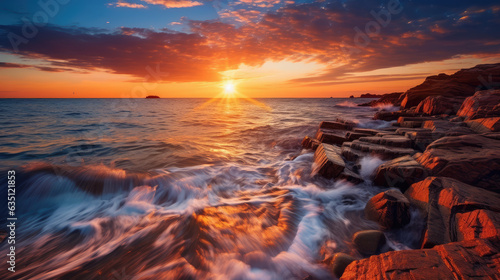 Long exposure silky sea water and stone foreground at seaside at sunset