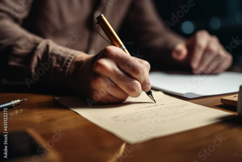 person signing a document while paper is on table, in the style of tonalist genius, uhd image, photo