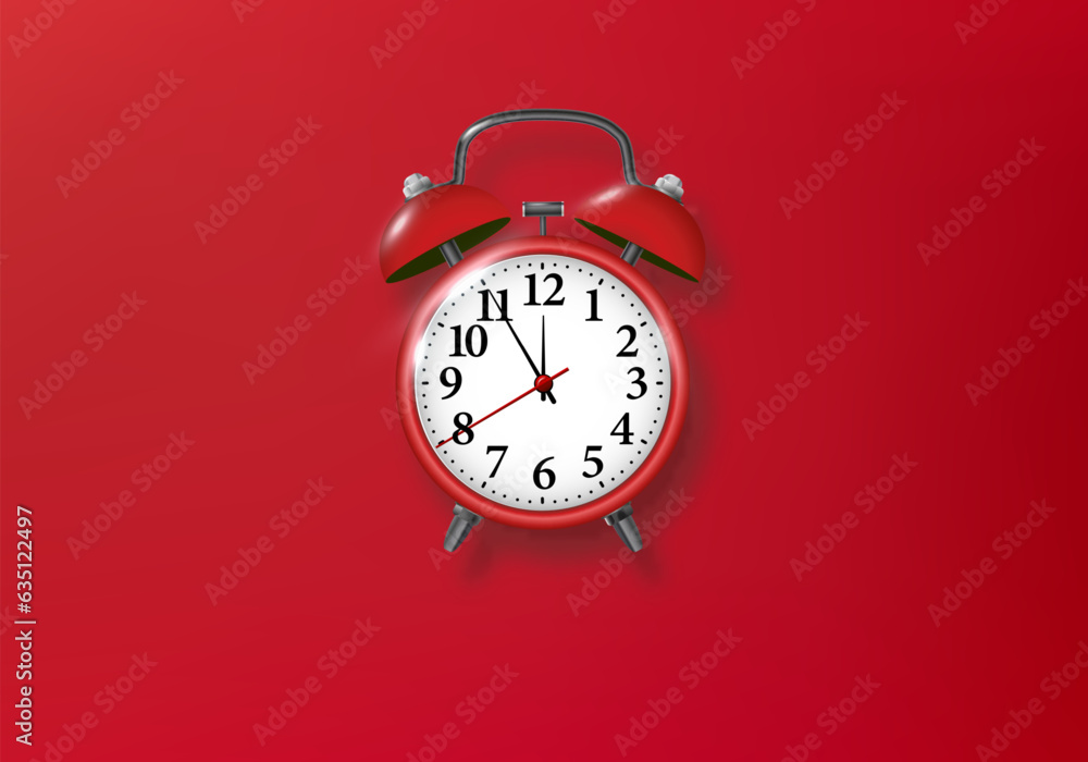 Red alarm clock on red background. Vector metal vintage ringing alarm clock on bright red background. Modern design 3d rendering. Vector Red alarm clock on red background. Vector metal vintage ringing alarm clock on bright red background. Modern design 3d rendering. Vector