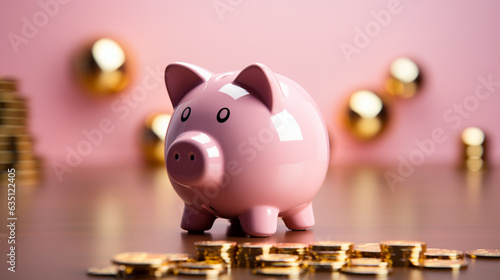 pink piggy bank and gold coin, in the style of photorealistic.