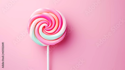 Lollipop on a stick isolated with editorial space on a pink background.  Colorful sweet treat lolly for kids with copy space.  