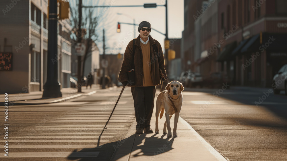 Fototapeta premium A Blind man, Guide dog helping blind man walking on street in the city. guide dog. Generative Ai