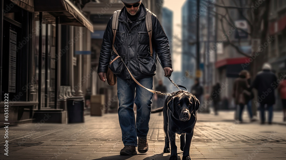 A Blind man, Guide dog helping blind man walking on street in the city. guide dog. Generative Ai