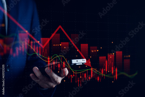 Stock collapse, economic crisis stock chart falling down, business global finance bankruptcy, Business crash, Businessman touch arrow broke off down, Crisis, recession, economic decline concept. photo