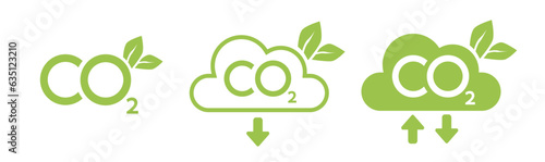 CO2 emission reduction neutrality concept icon set. Cloud shape banners with zero footprint, CO2 neutral. Green eco friendly stop global warming. Vector