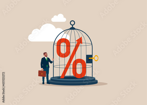 Businessman locking percent in birdcage. Modern vector illustration in flat style