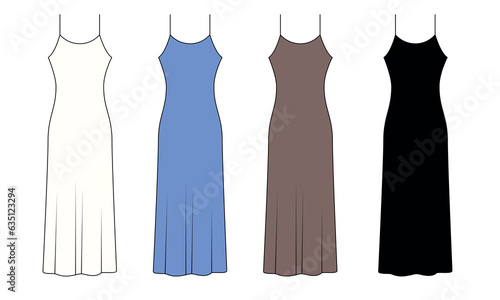 Collection of vector drawings of long dresses with thin spaghetti straps, white, blue, brown, black colors. Outline drawing of a woman's, silk dress, vector. Fashion slip dress sketch, vector.