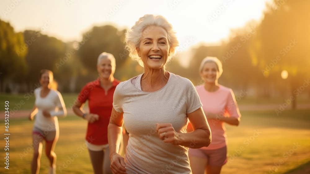A senior woman and her friends are running for health in the morning sunrise at park. A senior woman and her friends are running for health in the morning sunrise at park.