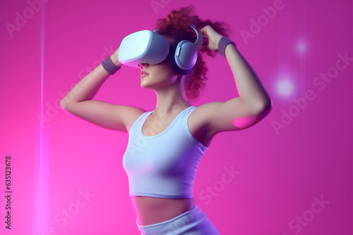 woman vr innovation glasses virtual neon digital sport reality science game. Generative AI. © VICHIZH