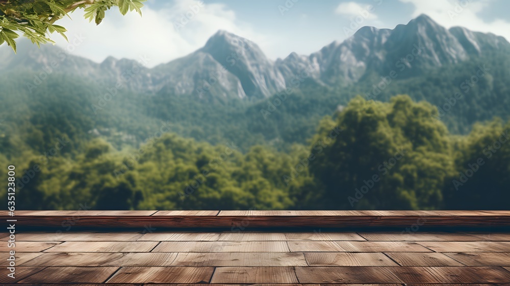 Empty wood table top and blur mountain background. banner mock up - can used for display or montage your products.