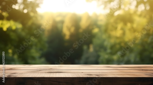 Empty wood table top and blur forest background. banner mock up - can used for display or montage your products.