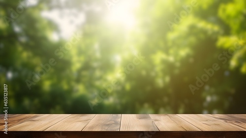 Empty wood table top and blur forest background. banner mock up - can used for display or montage your products.
