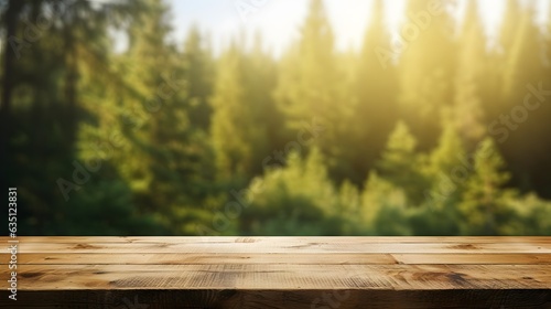 Empty wood table top and blur forest background. banner mock up - can used for display or montage your products.