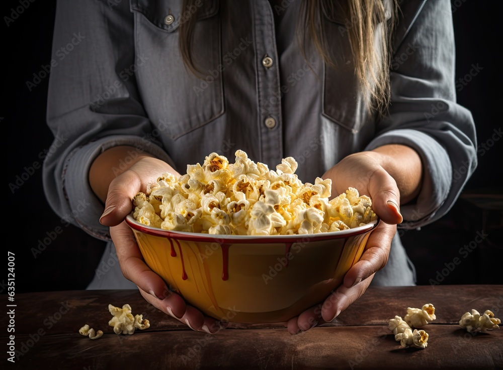 Popcorn paper bucket in the hands of a young girl preparing to watch a movie. Showtime. Eating delicious unhealthy sweet snacks. Created with Generative AI technology. Popcorn paper bucket in the hands of a young girl preparing to watch a movie. Showtime. Eating delicious unhealthy sweet snacks. Created with Generative AI technology.
