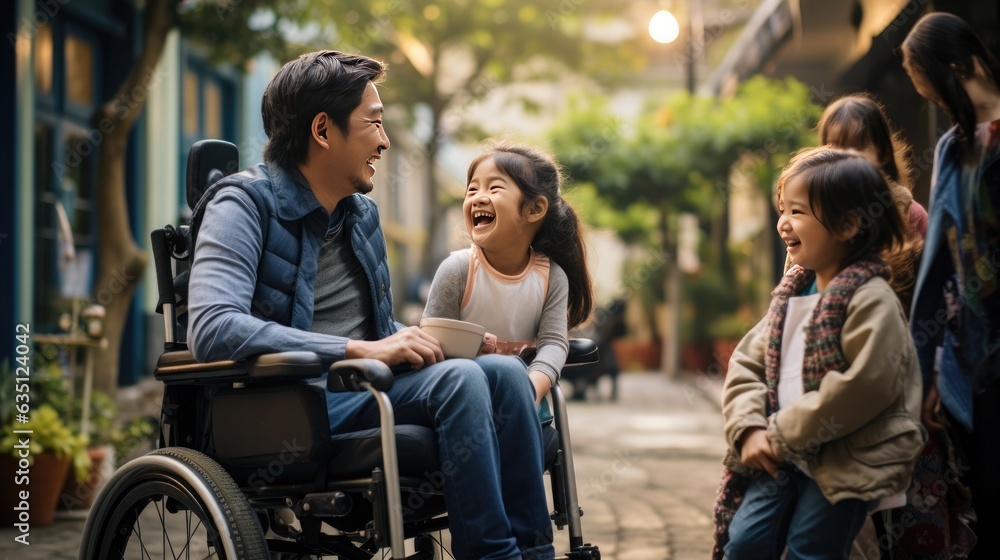 Parents with disabilities on modern wheelchairs communicate with their children. Father plays in the park with his son. Parents with disabilities on modern wheelchairs communicate with their children. Father plays in the park with his son.