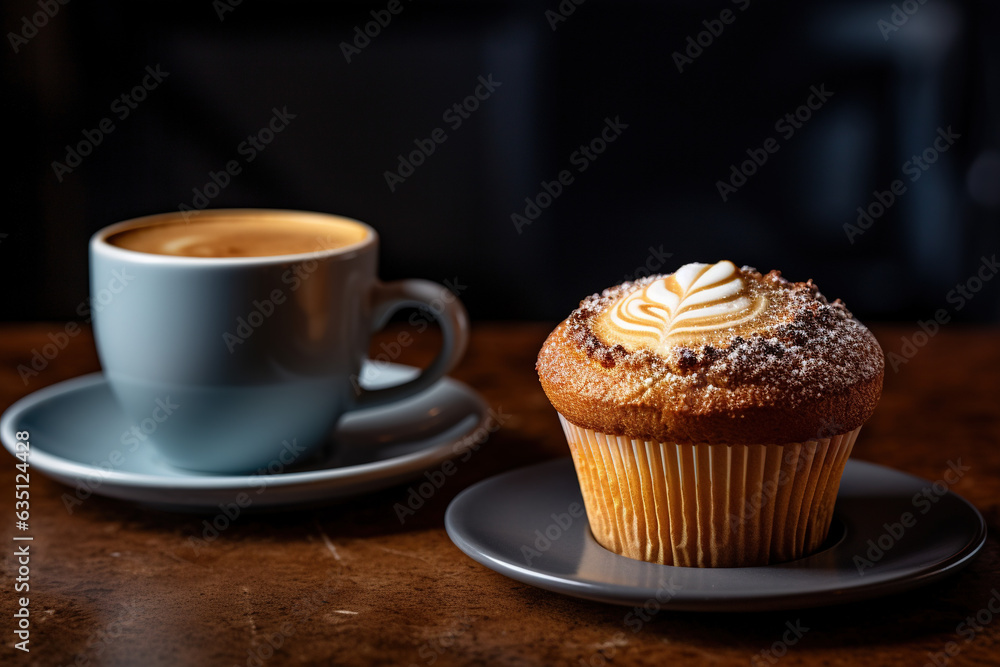 cupcake with a cup of coffee, modern setting cupcake with a cup of coffee, modern setting