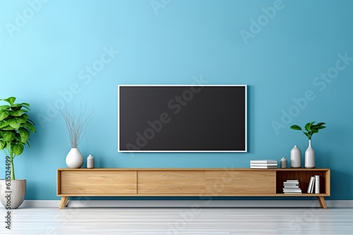 a blue wall with a TV cabinet.