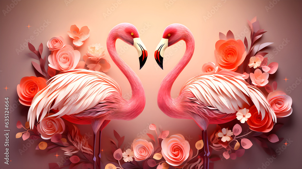 Naklejka premium Two Cute lovely flamingos heart multidimensional Theme in the bouquet of Pink roses in Green Background, 3d illustrations