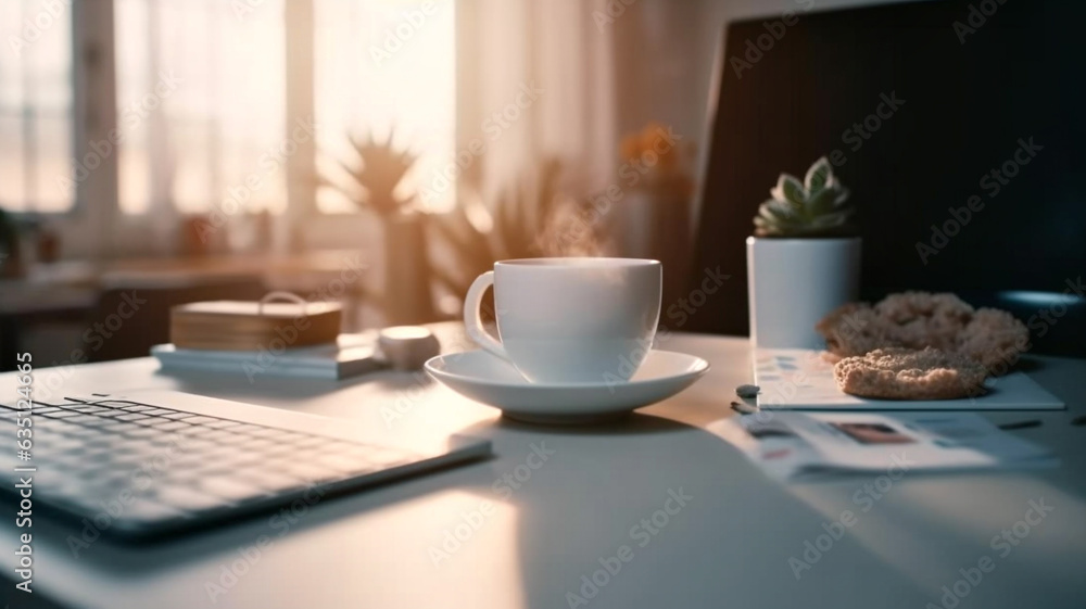 coffee mug on the desk in the morning. coffee mug on the desk in the morning.