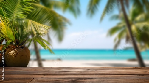 Empty wood table top and blur tropical background. banner mock up - can used for display or montage your products.