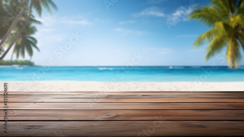 Empty wood table top and blur tropical background. banner mock up - can used for display or montage your products.