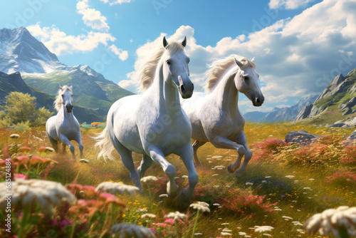 White horses playing running in a meadow blooming field Generative AI photo