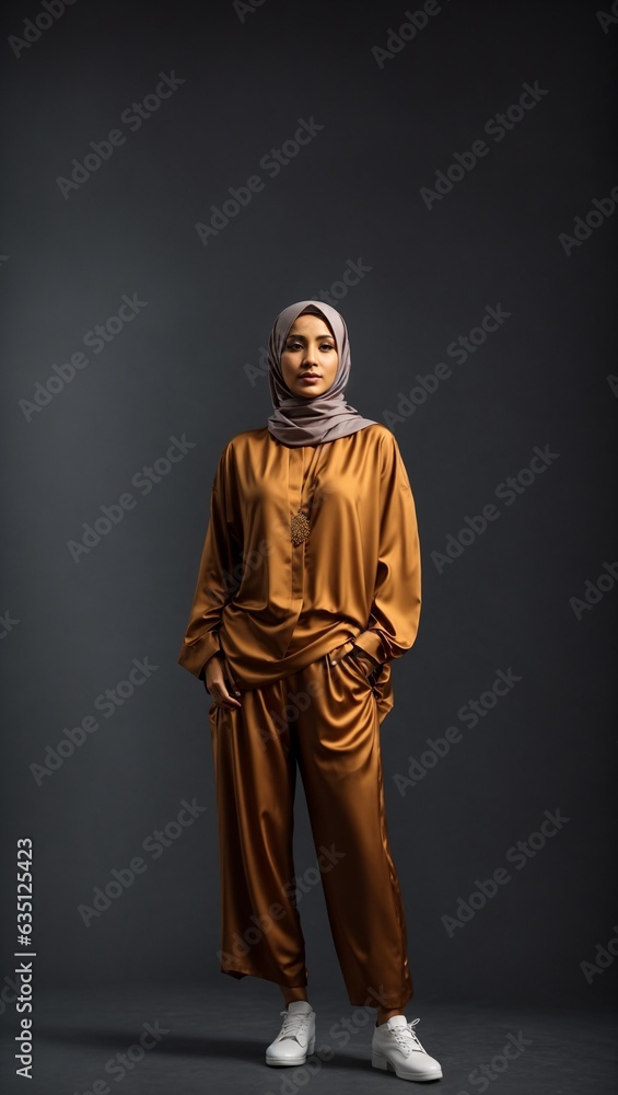 A woman in a stylish brown outfit posing against a sleek black background