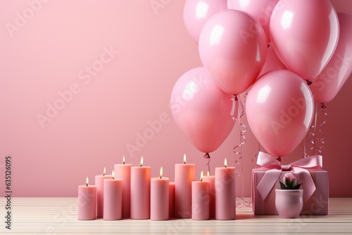 Birthday bliss, pink backdrop adorned with 3D pastel balloons, offering copy space Generative AI