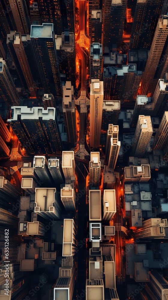 urban city aerial view, downtown of big metropolis, top view from above, generative ai