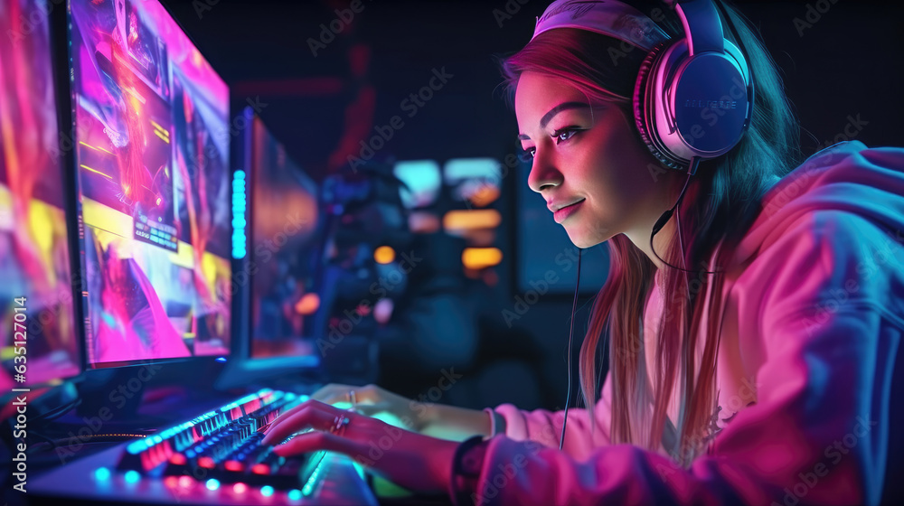 Professional gamer girl plays video games on RGB pc Professional gamer girl plays video games on RGB pc