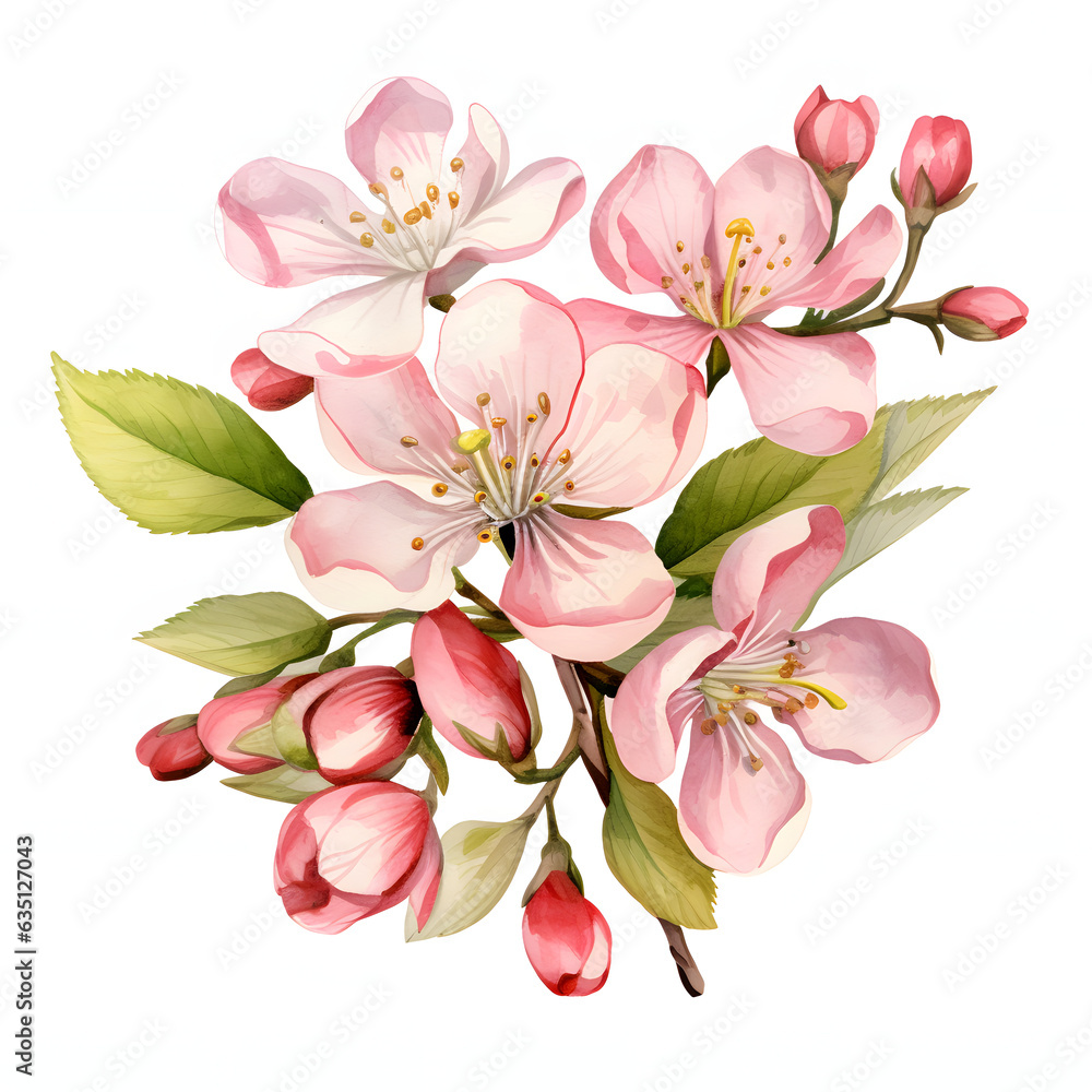 Obraz premium Apple Blossom in Spring Hand-Drawn Watercolor Illustration on White