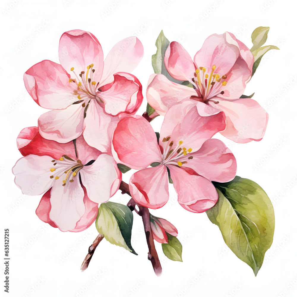 Apple Blossom in Spring Hand-Drawn Watercolor Illustration on White