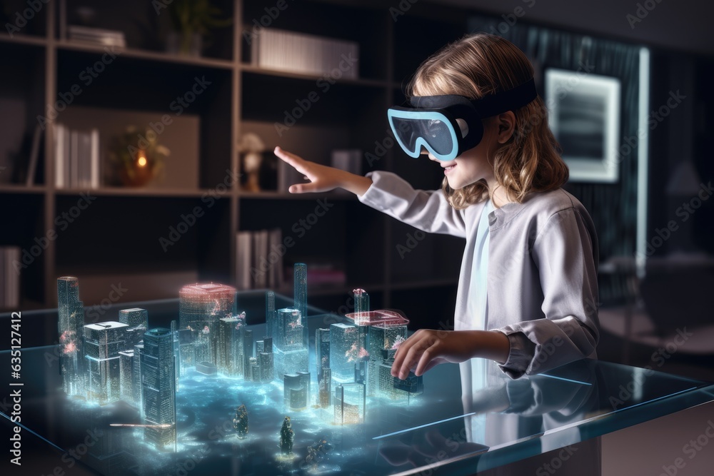Сhild girl that is designing a virtual interior layout wearing glasses with augmented reality capabilities against a home showroom with digital furniture catalogs background. Generative AI