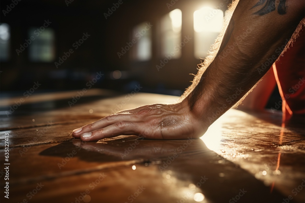 Obraz premium Gym dedication, closeup of mans hand in push up, lit by morning sunlight Generative AI