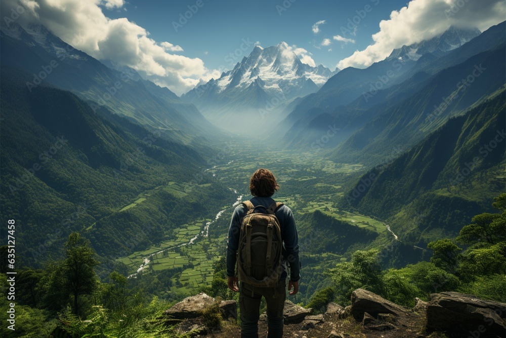 Hiking euphoria, back view of man in mountains, soaking in mesmerizing landscape Generative AI