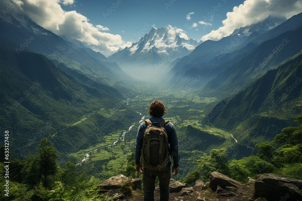 Hiking euphoria, back view of man in mountains, soaking in mesmerizing landscape Generative AI Hiking euphoria, back view of man in mountains, soaking in mesmerizing landscape Generative AI