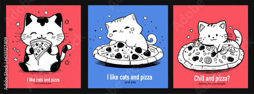 Set of prints with cats and pizza on red and blue background. Template for posts to social networks. Banner for advertising, cover for menu.