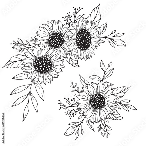 Sunflowers Line Art, Fine Line Sunflower Bouquets Hand Drawn Illustration. Coloring Page with SunFlowers. 