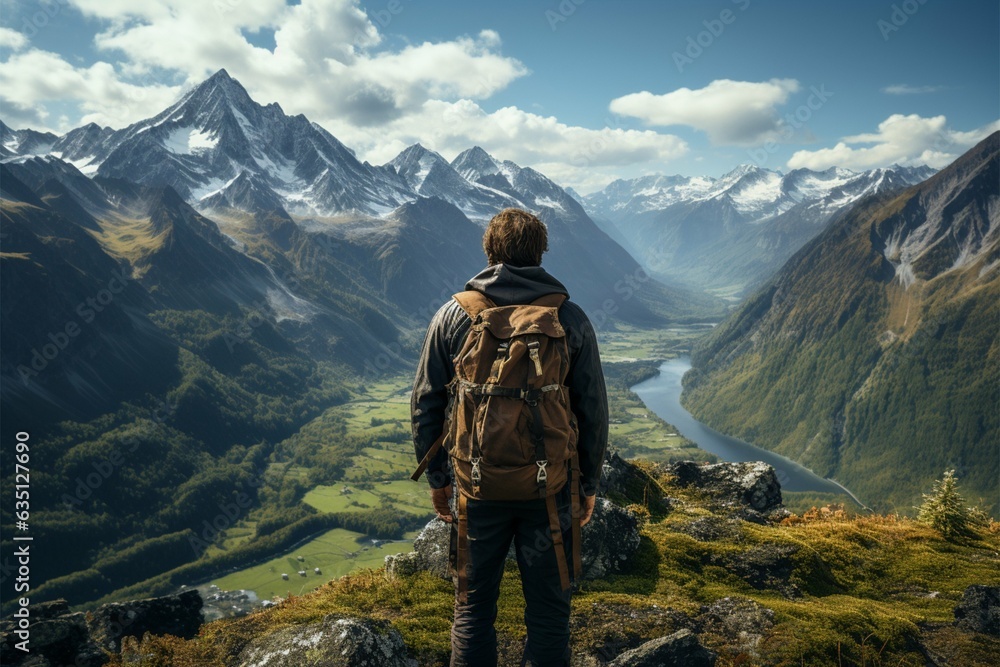 Mountain reverie, man on trek admires view, captured from behind on trail Generative AI