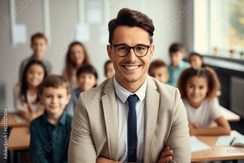 Portrait of a smiling male teacher in class at an elementary school looking at the camera