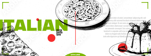 Italian restaurant menu cover design. Poster, banner or template pattern. Vector illustrations. Vintage ink sketch. Engraving style. Labels, cover, price tag, painting.