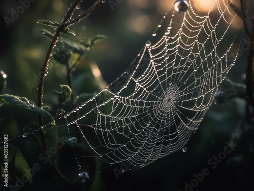 Nature photographer take a shot of a spider web with dew drops photo
