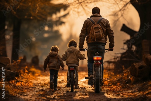 Parental mentorship, man supports childs biking, rear view snapshot Generative AI