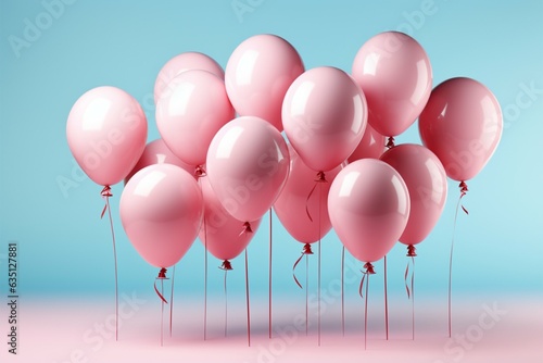 Pastel balloons on pink background 3d rendering, Birthday party background, Copy space Generative AI