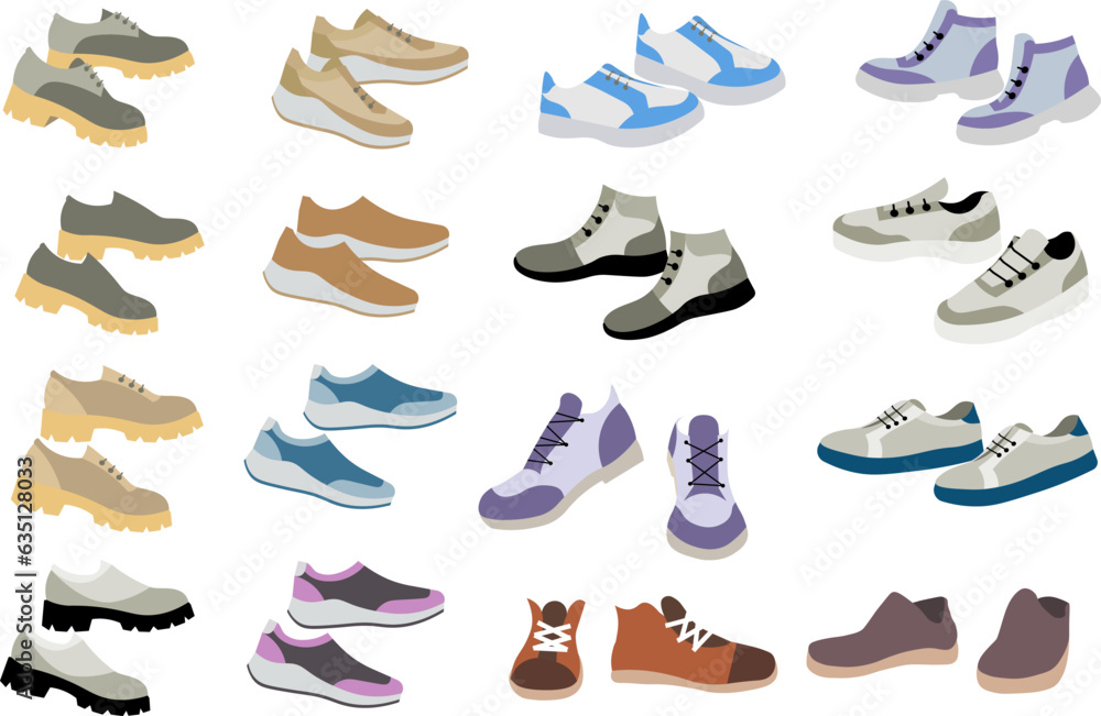 Shoe collection. Sports shoes for men and women. Flat vector illustration Shoe collection. Sports shoes for men and women. Flat vector illustration