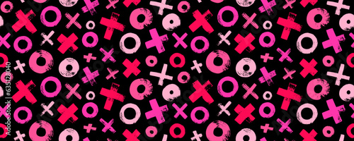 Red and pink colored XOXO seamless pattern. Vector abstract background with various circles and crosses for Valentines day holiday. Grunge texture with brush drawn geometric elements.