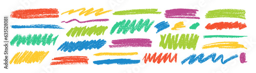 Colorful dry brush marks, pencil squiggles and scribbles. Hand drawn vector crayon various lines, spirals and doodles. Multi colored rough highlighters, chalk strokes, pencil dividers. Curly lines.