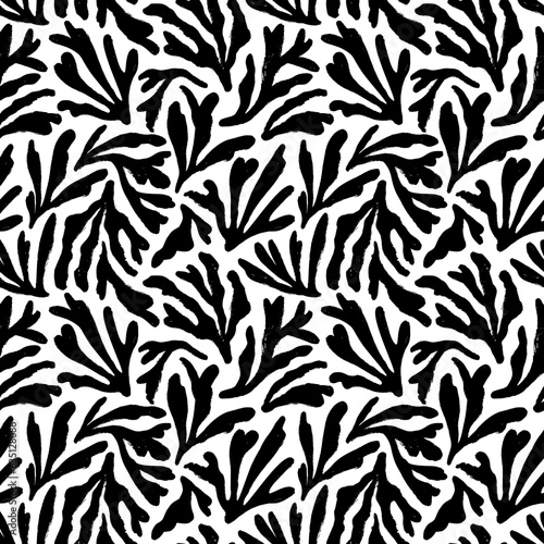 Contemporary Matisse seamless pattern with corals. Brush drawn botanical organic shapes. Vector abstract modern floral pattern. Ornament with black thick organic branches in Matisse style.