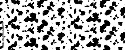 Black random spots vector seamless pattern. Brush irregular black smears, seamless horizontal banner. Spotted cow or dalmatian skin ornament. Irregular abstract texture with hand drawn spots
