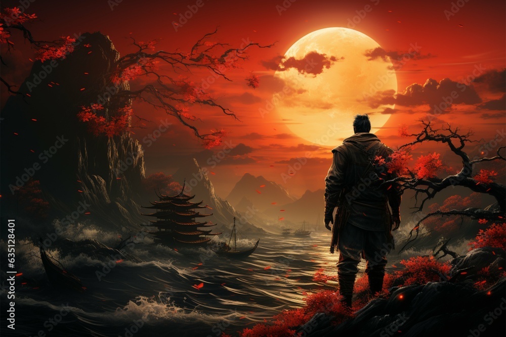 Sun kissed valor, samurai stands resolute at sunset, a symbol of unwavering courage Generative AI Sun kissed valor, samurai stands resolute at sunset, a symbol of unwavering courage Generative AI